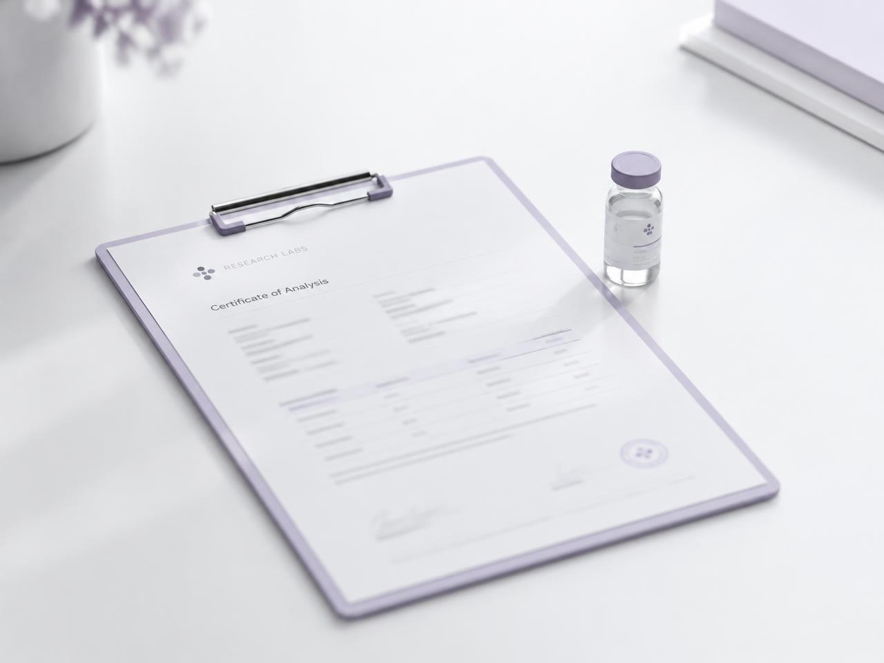 Certificate of Analysis beside a Purple research vial